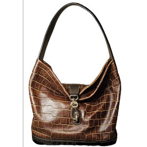 GUC Dooney Bourke Logo Lock Belvedere Brown Croc Leather Large Hobo Bag and key